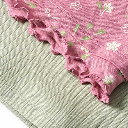 Langarmshirts mit Blumen-Muster, Rüschen & Ripp-Struktur, rosa + grün, Gr. 140, 2 St