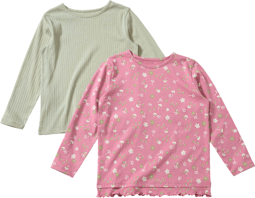 Langarmshirts mit Blumen-Muster, Rüschen & Ripp-Struktur, rosa + grün, Gr. 140, 2 St
