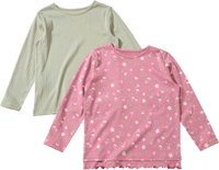 Langarmshirts mit Blumen-Muster, Rüschen & Ripp-Struktur, rosa + grün, Gr. 140, 2 St