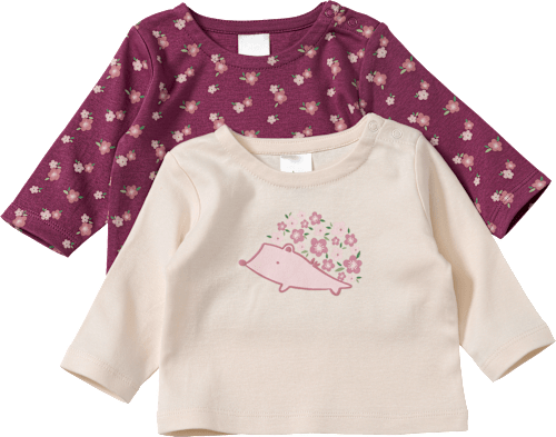 Langarmshirts mit Igel-Motiv & Blumen-Muster, beere + beige, Gr. 62, 2 St