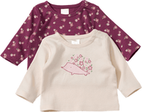 Langarmshirts mit Igel-Motiv & Blumen-Muster, beere + beige, Gr. 68, 2 St