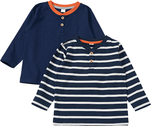 Langarmshirts mit Ringel-Muster & Knopfleiste, blau, Gr. 104, 2 St