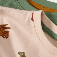 Langarmshirts mit Ripp-Struktur + Dino-Muster, grün + beige, Gr. 110, 2 St