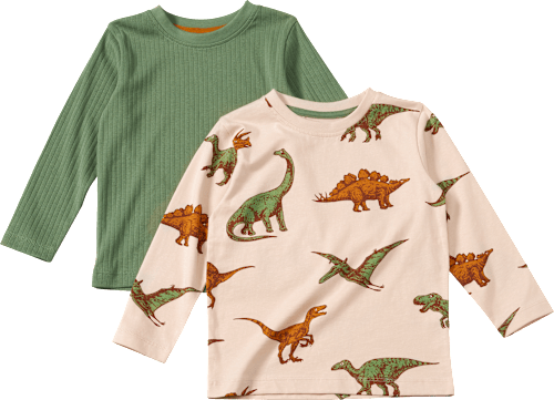 Langarmshirts mit Ripp-Struktur + Dino-Muster, grün + beige, Gr. 110, 2 St