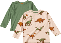 Langarmshirts mit Ripp-Struktur + Dino-Muster, grün + beige, Gr. 110, 2 St