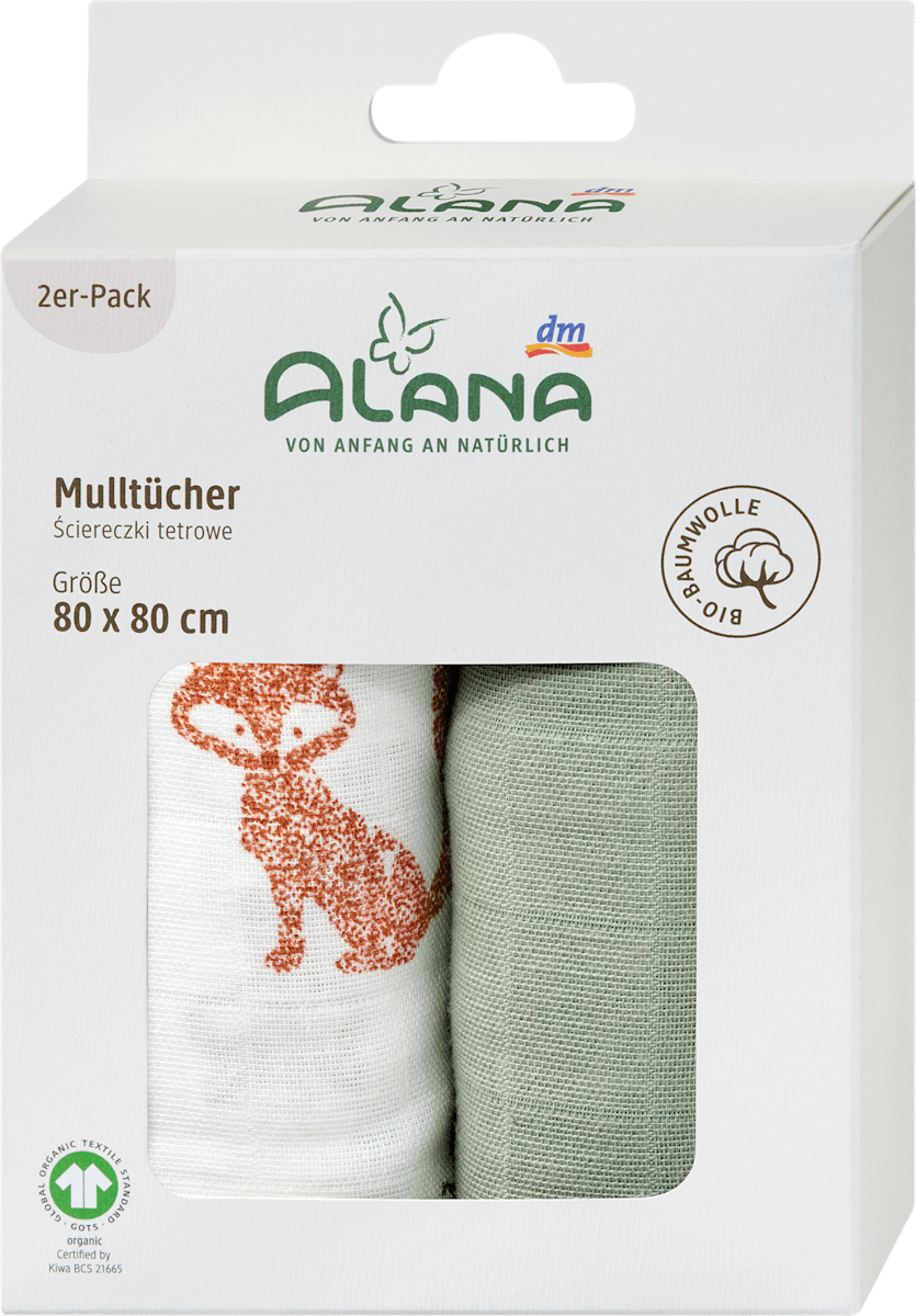 ALANA Mulltücher aus Musselin mit Fuchs-Muster, grün + weiß, 80 x 80 cm, 2 St
