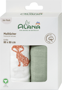 ALANA Mulltücher aus Musselin mit Fuchs-Muster, grün + weiß, 80 x 80 cm, 2 St