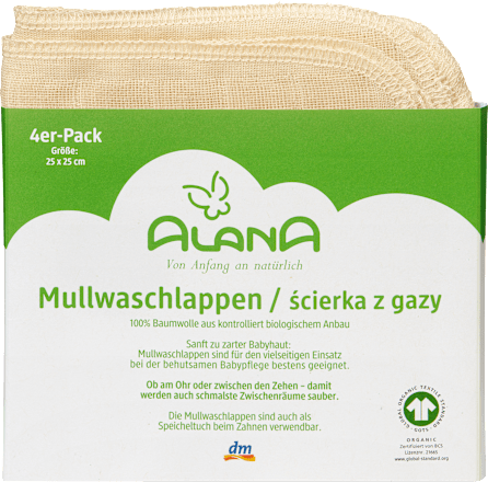 Mullwaschlappen, natur, ca. 25 x 25 cm, 4 St