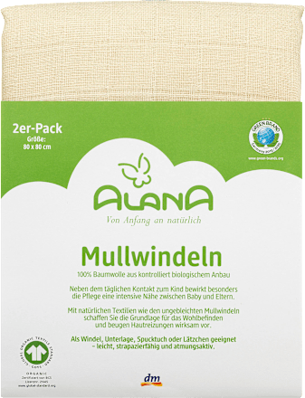 Mousseline luiers, natuurlijk, ca. 80 x 80 cm, 2 stuks