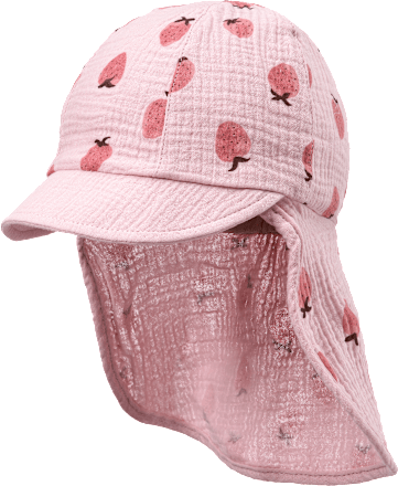 Schirmmütze aus Musselin mit Nackenschutz & Erdbeer-Muster, rosa, Gr. 50/51, 1 St