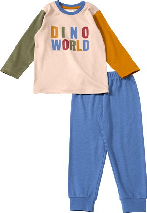 Pyjama met opschrift "DINO WORLD", bruin + blauw, maat 110/116, 1 stuk