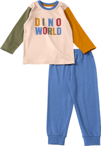 Pyjama met opschrift "DINO WORLD", bruin + blauw, maat 110/116, 1 stuk
