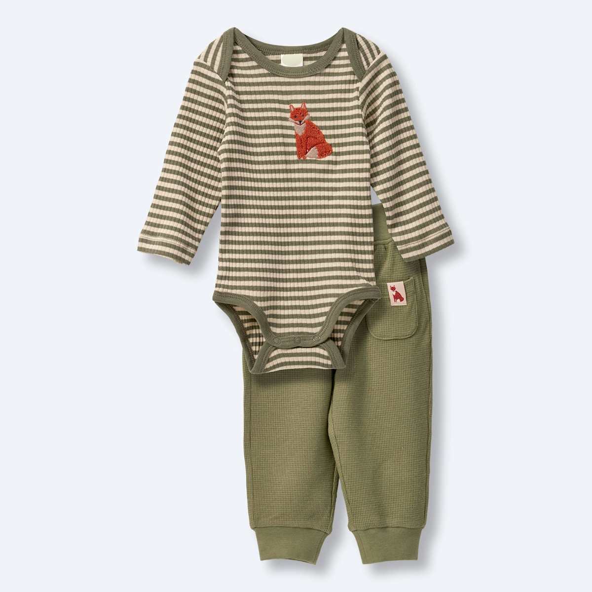 Set mit Body & Hose mit Streifen-Muster & Fuchs-Applikation, grün, Gr. 86/92, 1 St