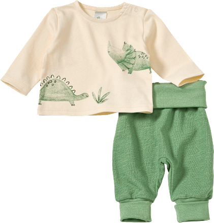 Set bestaande uit shirt met lange mouwen en dinosaurusmotief en broek met meegroeifunctie, beige + groen, maat 56, 1 st.