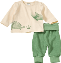 Set bestaande uit shirt met lange mouwen en dinosaurusmotief en broek met meegroeifunctie, beige + groen, maat 56, 1 st.