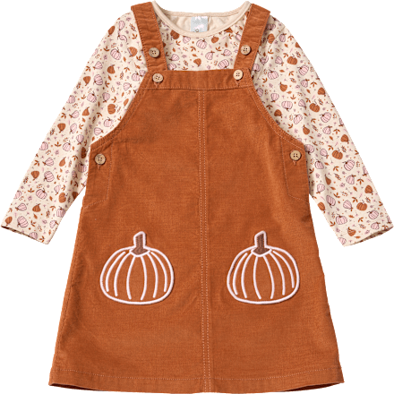 Set bestaande uit een shirt met lange mouwen en pompoenpatroon en een corduroy tuinjurkje, bruin + roze, maat 104, 1 stuk