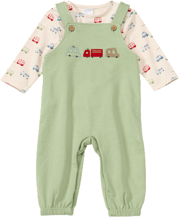 Set mit Latzhose & Langarmshirt mit Auto-Muster, grün, Gr. 68, 1 St