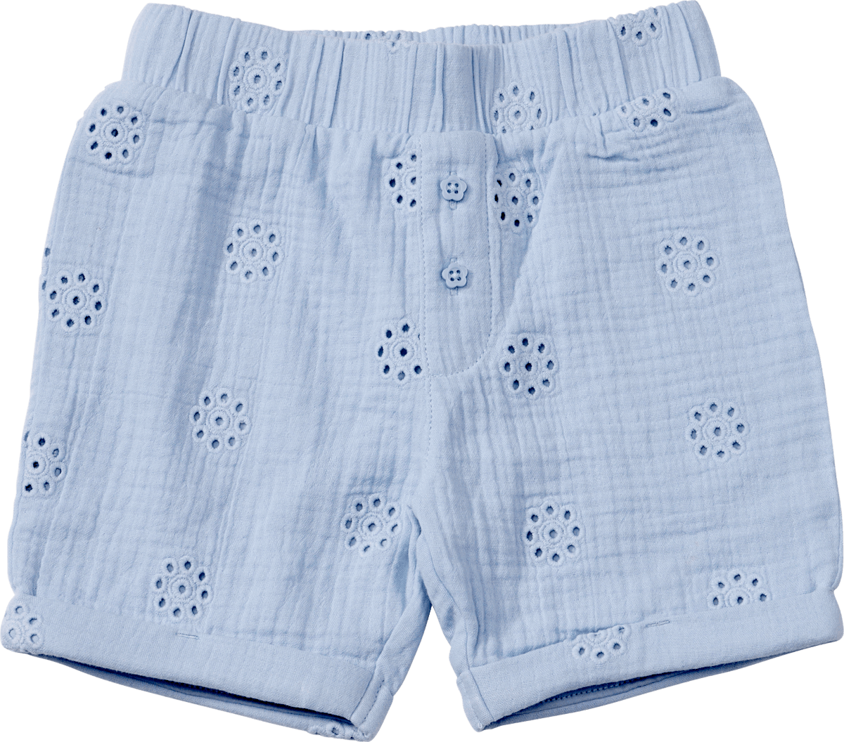 Shorts aus Musselin mit Blumen-Stickerei, blau, Gr. 86, 1 St