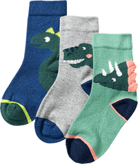 Sokken met 3D-dinosaurusapplicatie, groen + blauw, maat 23/26, 3 stuks