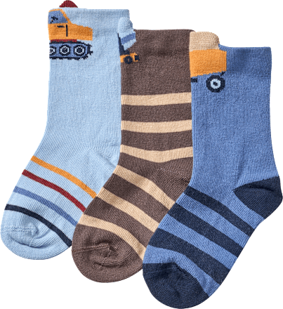 Socken mit Baustellen-3D-Motiven, blau + braun, Gr. 19/22, 3 St