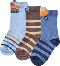 Socken mit Baustellen-3D-Motiven, blau + braun, Gr. 19/22, 3 St