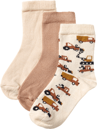Socken mit Baustellen-Muster, beige + braun, Gr. 23/24, 3 St