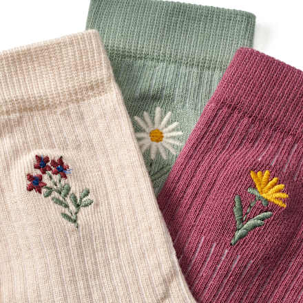 Socken mit Blumen-Applikation, rosa + grün + lila, Gr. 23/26, 3 St