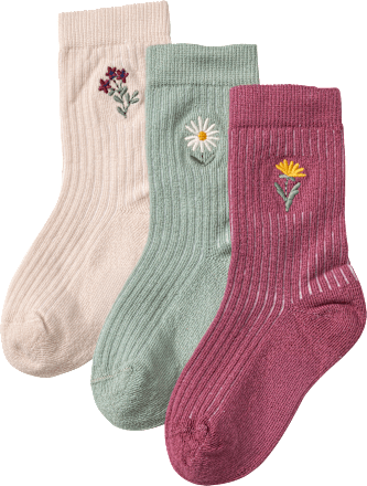 Socken mit Blumen-Applikation, rosa + grün + lila, Gr. 23/26, 3 St