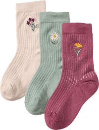 Socken mit Blumen-Applikation, rosa + grün + lila, Gr. 23/26, 3 St