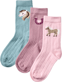 Socken mit Pferde-Motiv, rosa + blau, Gr. 27/29, 3 St