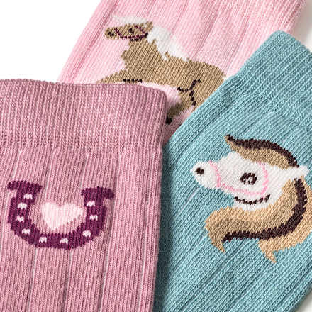 Socken mit Pferde-Motiv, rosa + blau, Gr. 29/31, 3 St
