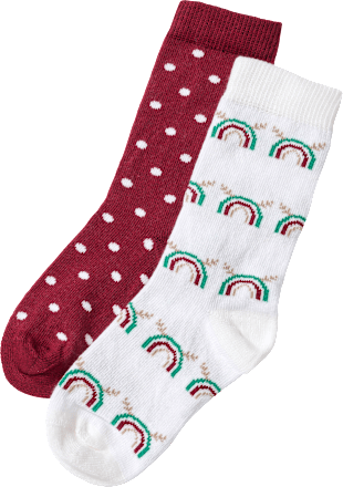 Socken mit Weihnachts-Regenbogen- & Punkte-Muster, weiß + rot, Gr. 27/29, 2 St