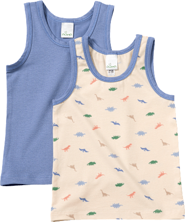 Onderhemden met dinosaurussenpatroon, blauw + beige, maat 110/116, 2 stuks