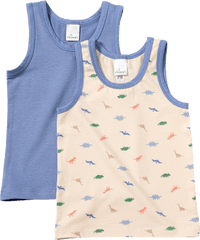 Onderhemden met dinosaurussenpatroon, blauw + beige, maat 110/116, 2 stuks