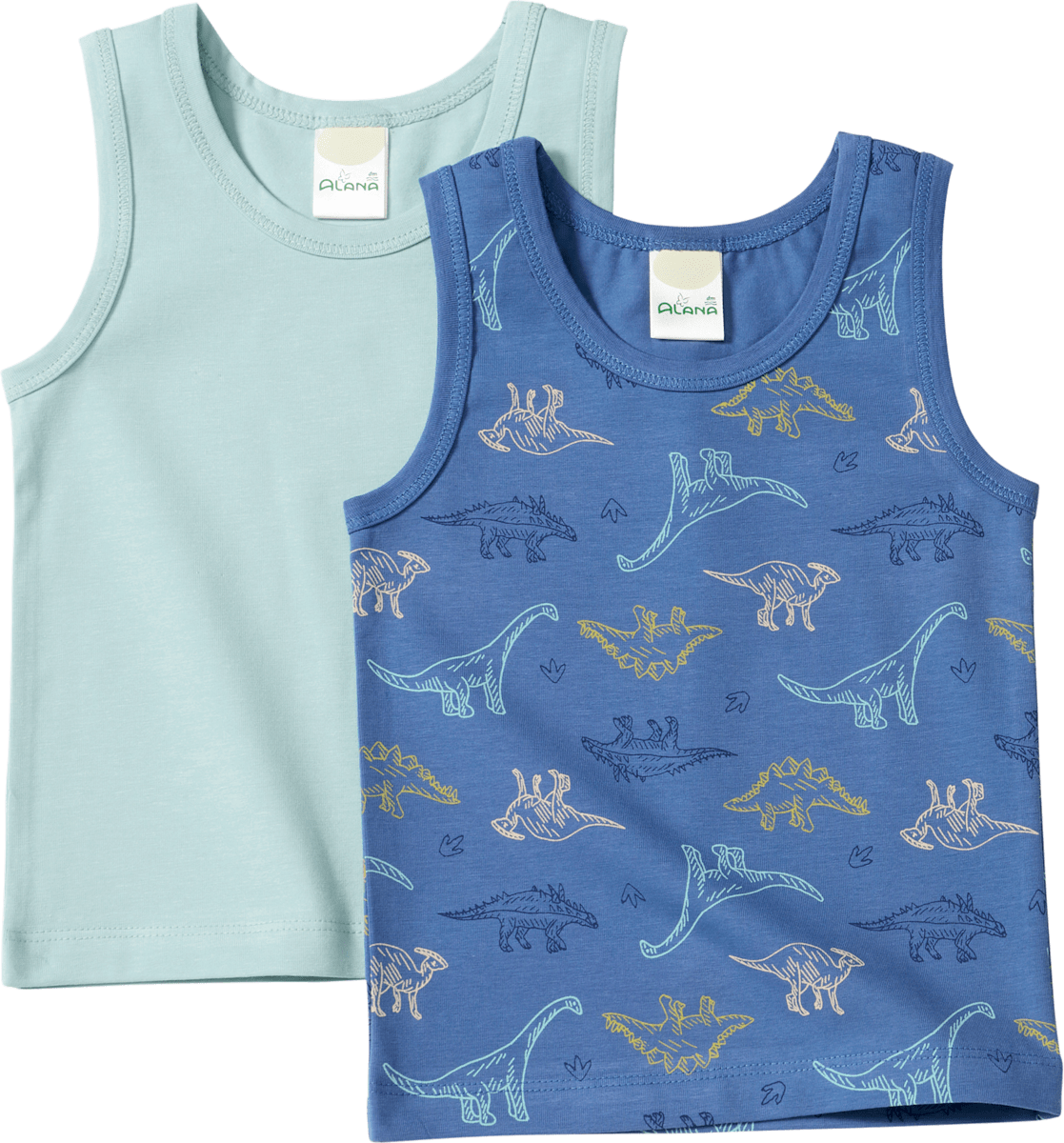 ALANA Unterhemden mit Dino-Muster, blau + grün, Gr. 98/104, 2 St