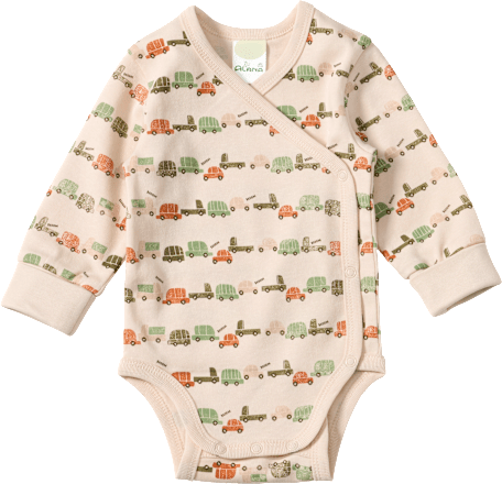 Wickelbody Langarm mit Mitwachsfunktion & Fahrzeug-Muster, beige, Gr. 62/68, 1 St