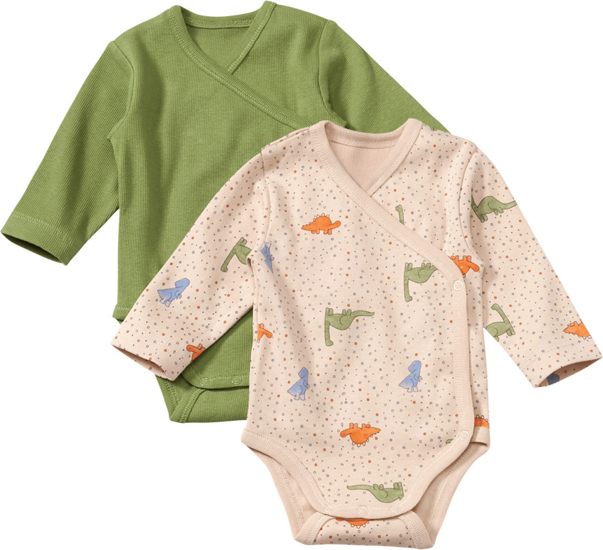 ALANA Wickelbodys Langarm mit Dino-Muster, beige + grün, Gr. 50/56, 2 St
