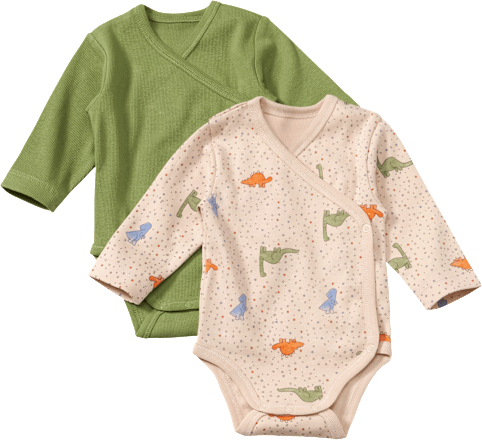 Wickelbodys Langarm mit Dino-Muster, beige + grün, Gr. 62/68, 2 St