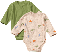 Wickelbodys Langarm mit Dino-Muster, beige + grün, Gr. 62/68, 2 St
