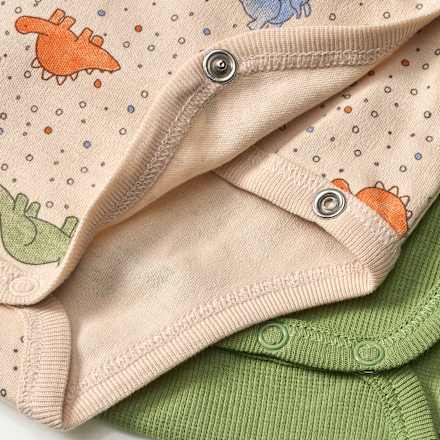 Wickelbodys Langarm mit Dino-Muster, beige + grün, Gr. 62/68, 2 St