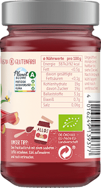 Fruitspread, Puur Fruit Aardbei &amp; Rabarber 75% fruit, 250 g