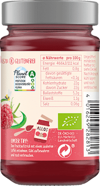 Fruchtaufstrich, Frucht Pur Himbeere 75% Frucht, 250 g ALLOS