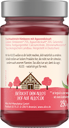 Fruchtaufstrich, Frucht Pur Himbeere 75% Frucht, 250 g ALLOS