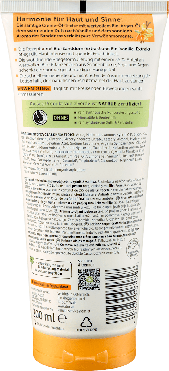 alverde NATURKOSMETIK Bodylotion Cremeöl Lotion Sanddorn & Vanille, 200 ml