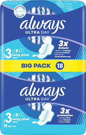 Ultra-Binden Day Long Plus 3 mit Flügeln, Big Pack, 18 St always