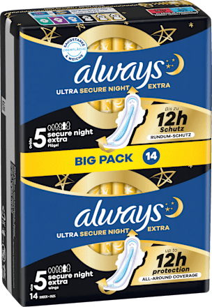 Ultra-Binden Secure Night Extra 5 mit Flügeln, Big Pack, 14 St always