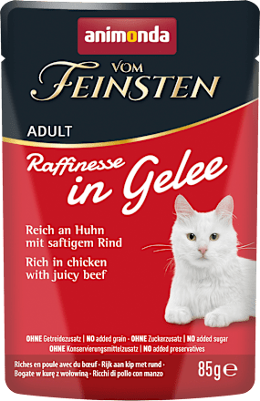 Nassfutter Katze reich an Huhn mit Rind, Raffinesse in Gelee, 85 g