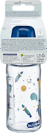 Babyfles van glas met brede hals, blauw, vanaf de geboorte, 240 ml, 1 stuk