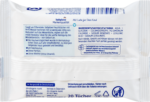 Vochtige doekjes met 99% water, reisformaat, 20 stuks