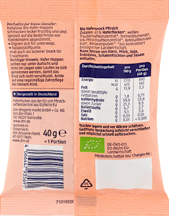 Frucht-Getreide-Riegel Happen Hafer & Pfirsich ab 1 Jahr, 40 g